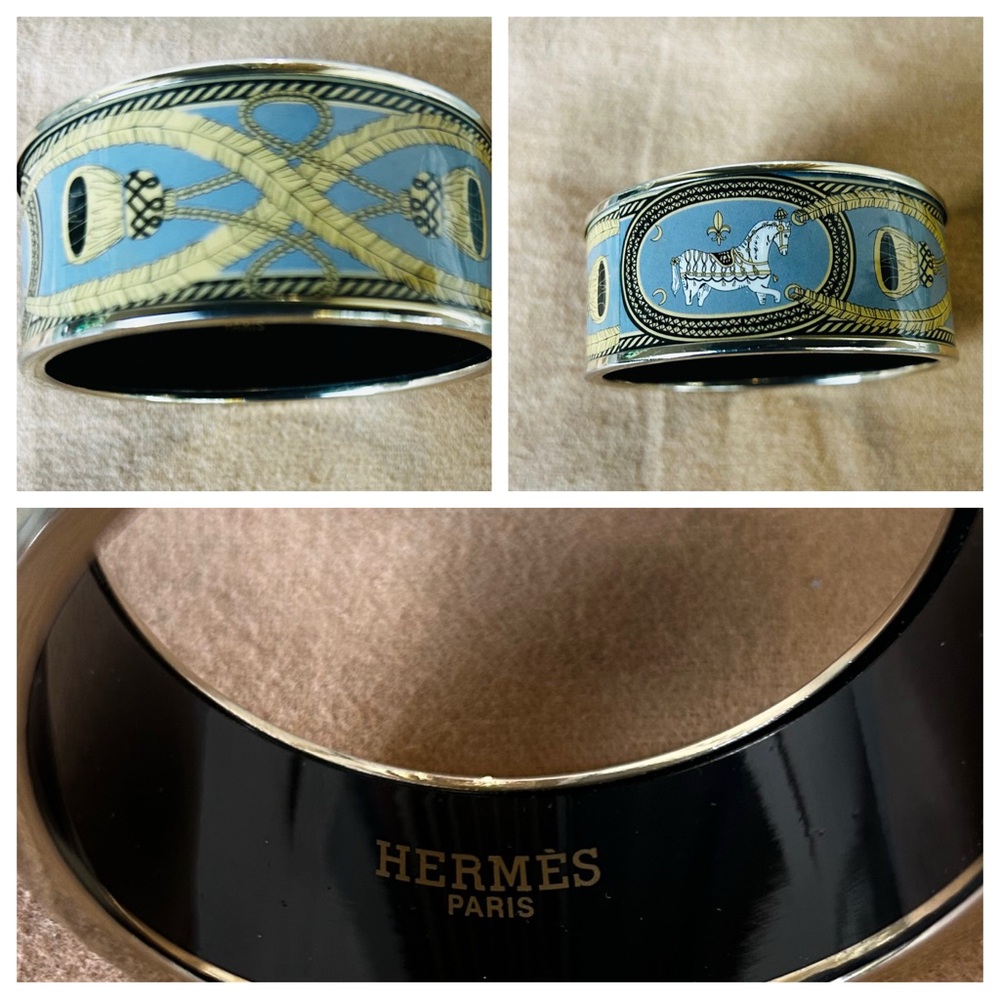 Authentic HERMES Enamel Horse Equestrian Bangle Bracelet Silver/Black